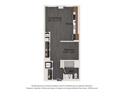 Floor plan for studio, 1 bath, 621 sqft